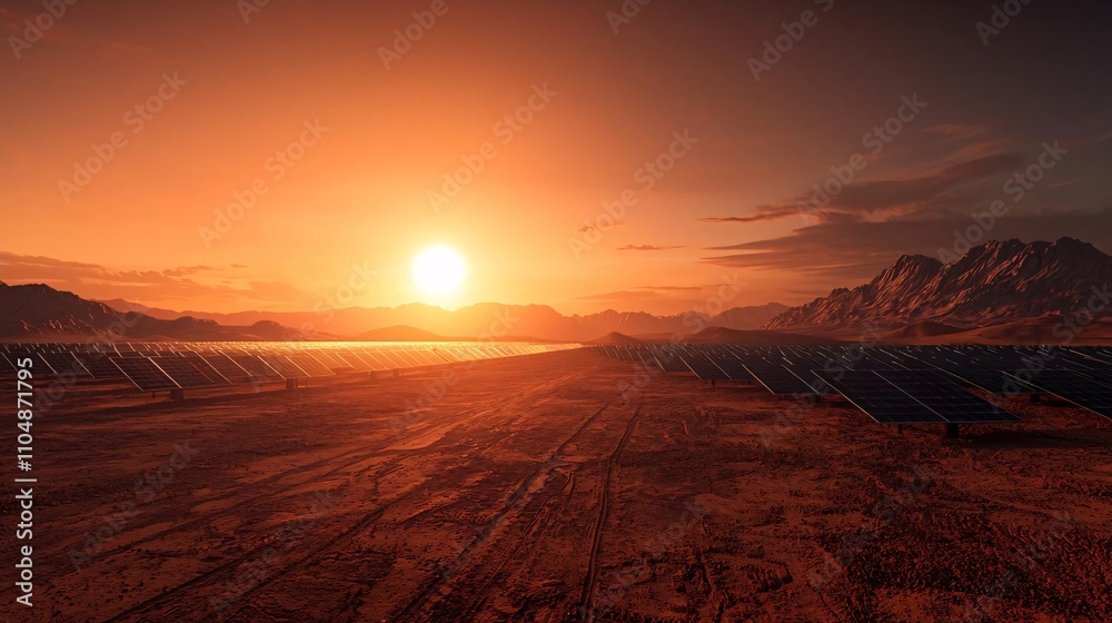 Obraz premium Breathtaking sunset over solar panels in a vast desert landscape, highlighting renewable energy and nature's beauty.