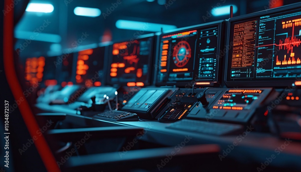 High-tech control room with multiple digital screens displaying data and graphs in a futuristic setting. High-tech control room with multiple digital screens displaying data and graphs in a futuristic setting.