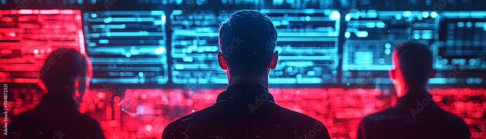 Three silhouettes observing vibrant data screens, highlighting the intersection of technology and innovation. Three silhouettes observing vibrant data screens, highlighting the intersection of technology and innovation.