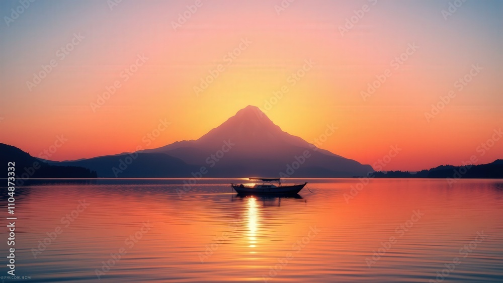 Sunset Serenity: Boat on Calm Lake with Majestic Volcano Reflection, Perfect for Wall Art or Desktop Background Sunset Serenity: Boat on Calm Lake with Majestic Volcano Reflection, Perfect for Wall Art or Desktop Background