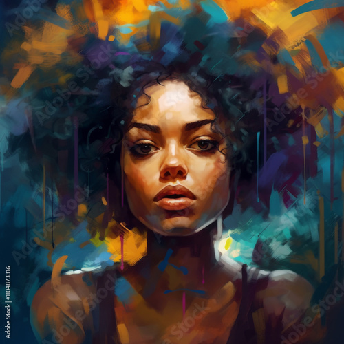Portrait of a stunningly beautiful young African American woman painted with bright colors