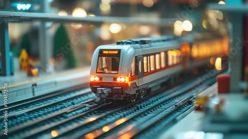 model train on tracks in vibrant station setting, showcasing intricate details and lighting. scene captures essence of railway engineering and design