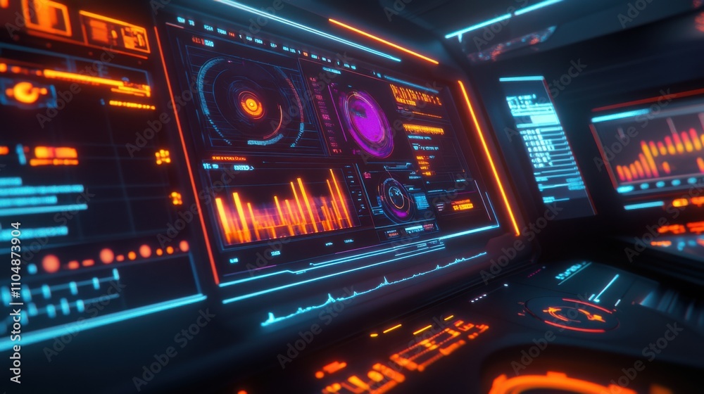 Obraz premium Futuristic Control Interface with Neon Lights and Data Visualization