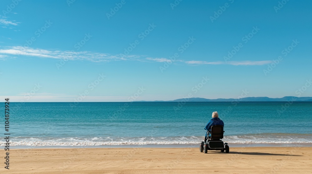 A man in a blue jacket sits in a beach wheelchair A man in a blue jacket sits in a beach wheelchair