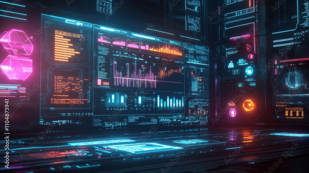 Futuristic Data Interface with Neon Lights and Digital Graphics Futuristic Data Interface with Neon Lights and Digital Graphics