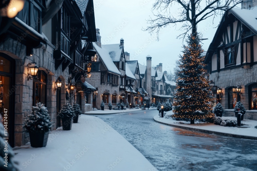 A street with a Christmas tree in the middle and snow on the ground