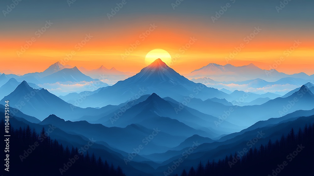 Majestic sunset over a vast mountain range, showcasing layers of peaks and valleys bathed in warm, golden light. Majestic sunset over a vast mountain range, showcasing layers of peaks and valleys bathed in warm, golden light.