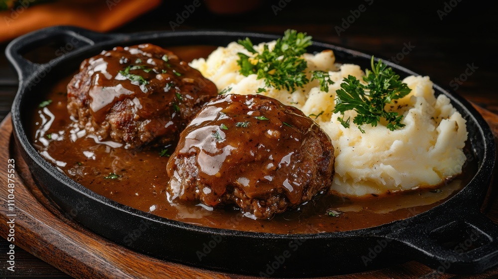A plate of meat and mashed potatoes with parsley on top A plate of meat and mashed potatoes with parsley on top