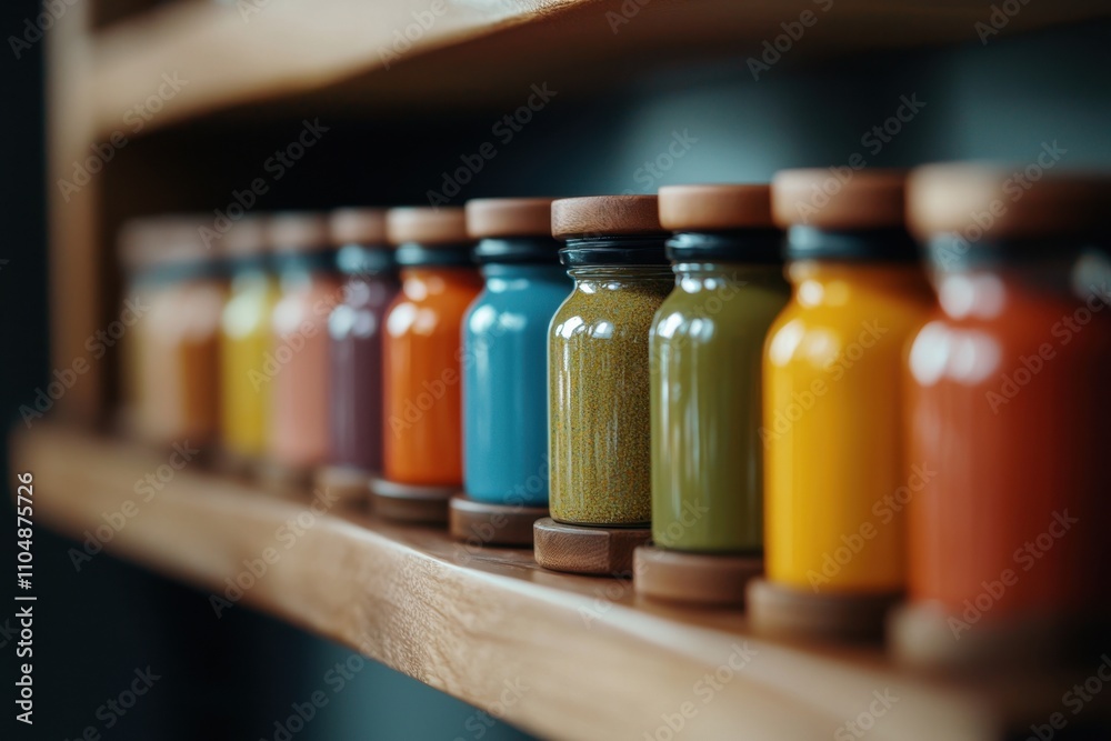 A shelf full of colorful bottles with wooden lids A shelf full of colorful bottles with wooden lids