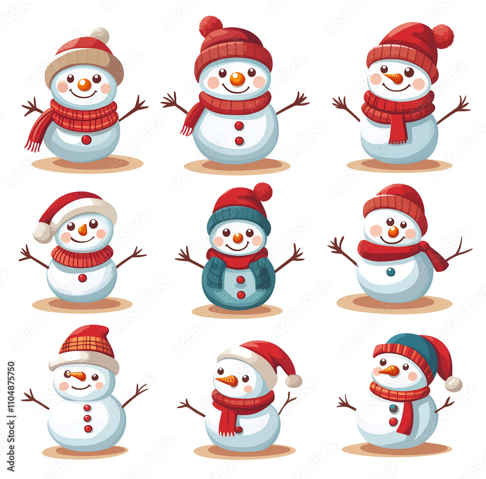 set of cute cartoon snowmen in different poses and expressions, wearing hats and scarves on white set of cute cartoon snowmen in different poses and expressions, wearing hats and scarves on white