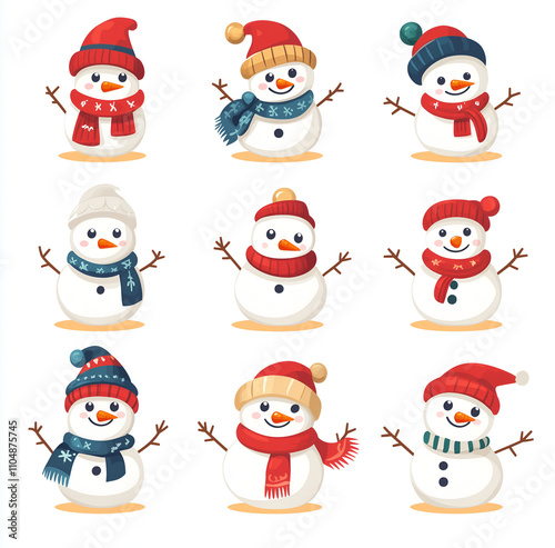 set of cute cartoon snowmen in different poses and expressions, wearing hats and scarves on white