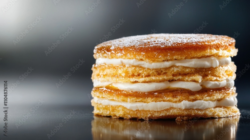 A stack of white and yellow pastries with powdered sugar on top A stack of white and yellow pastries with powdered sugar on top