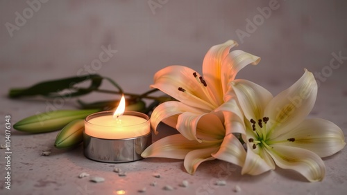 Elegant Serenity: Illuminated Orange Lilies with Candle for Relaxation and Meditation