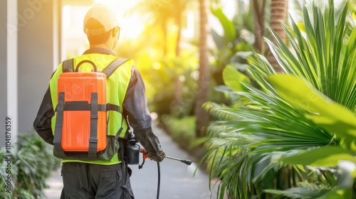 Worker Spraying Mosquito Repellent in Tropical Outdoor Area