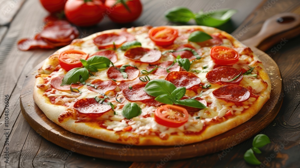 Appetizing pizza presentation on wooden surface with cheese, tomatoes, basil, and pepperoni.