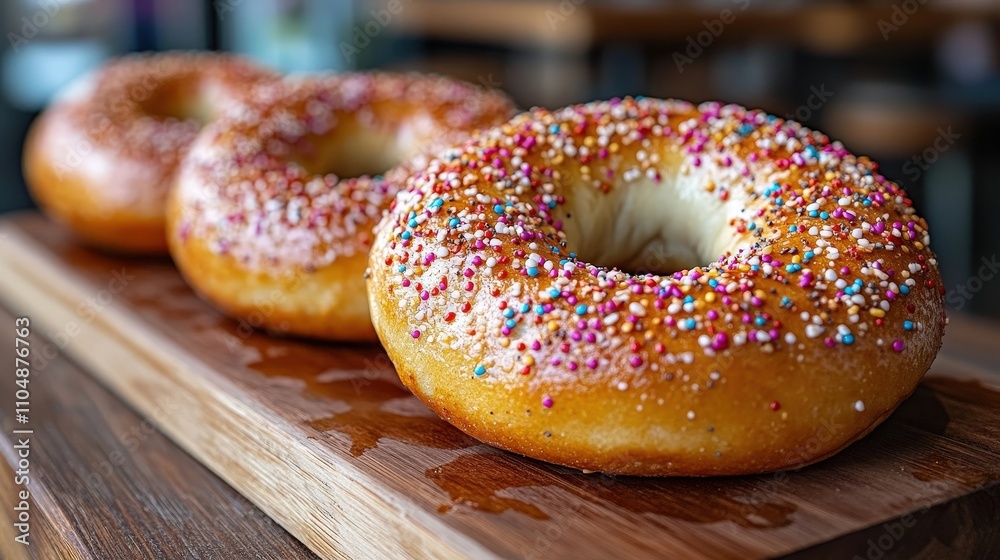 Vibrant and colorful takeaway bagels sprinkled with bright toppings ready to delight at a cozy cafe on a sunny afternoon Vibrant and colorful takeaway bagels sprinkled with bright toppings ready to delight at a cozy cafe on a sunny afternoon