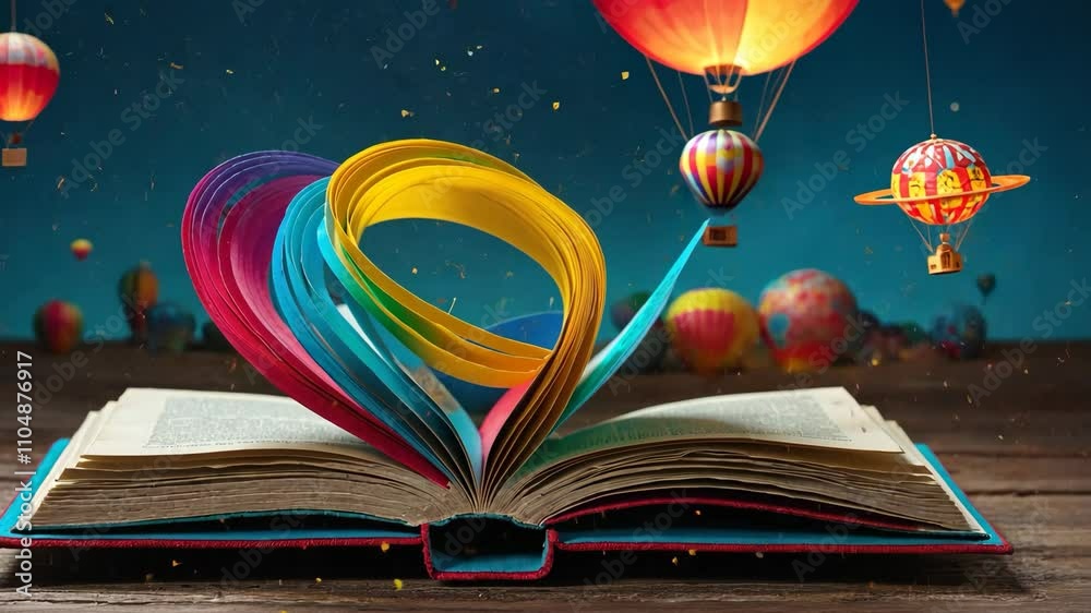 Video footage of colorful, open book with pages forming a heart shape, surrounded by hot air balloons and planets, creating a whimsical and imaginative scene