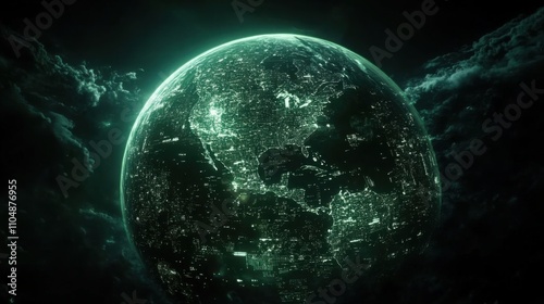 Futuristic Digital Earth Model with Neon Green Global Cities photo