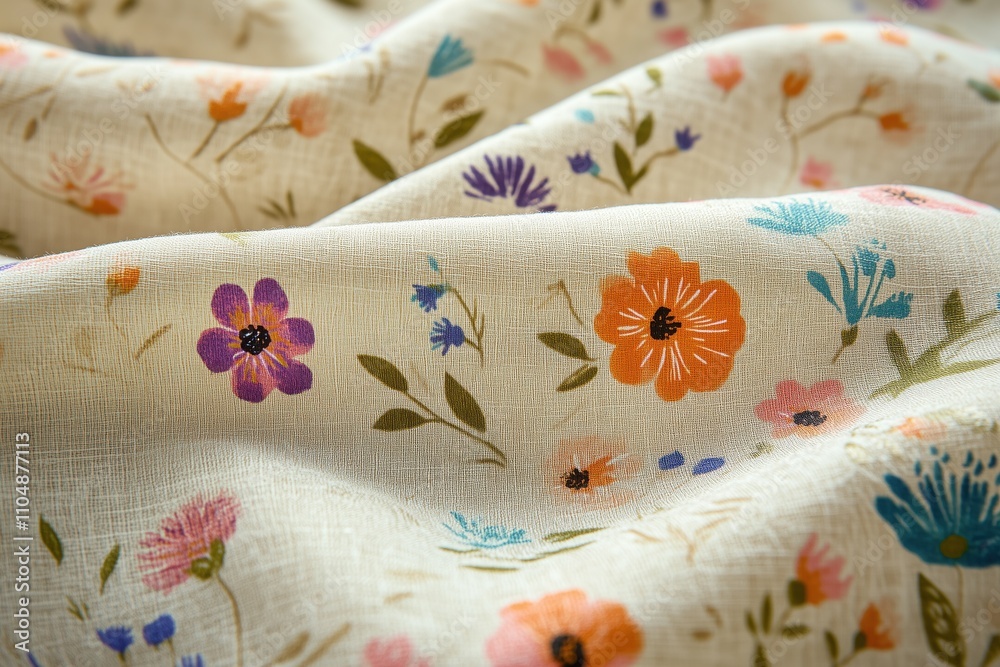 Floral Fabric Texture: A close-up shot of a soft, cream-colored fabric with a delicate floral pattern in vibrant hues. The fabric drapes and folds, creating a visually appealing and tactile texture. Floral Fabric Texture: A close-up shot of a soft, cream-colored fabric with a delicate floral pattern in vibrant hues. The fabric drapes and folds, creating a visually appealing and tactile texture.