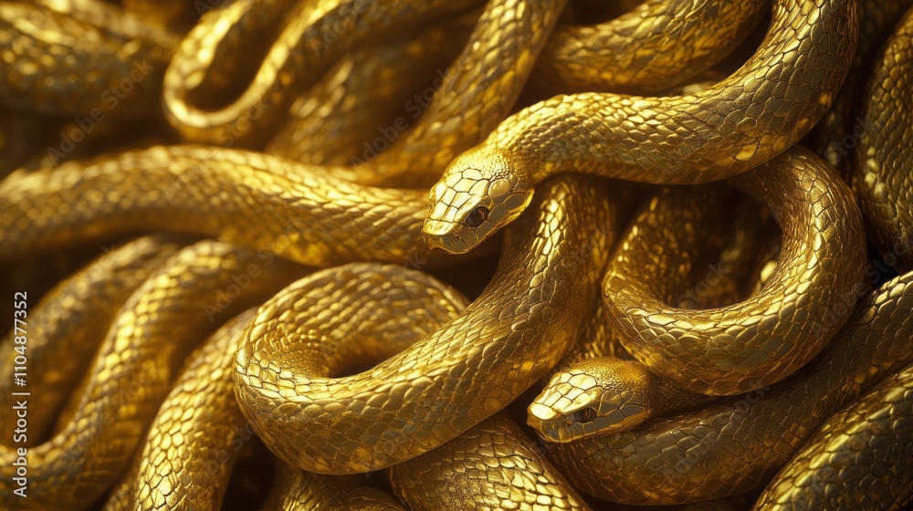Obraz premium Abstract background with tangled golden snakes, shiny metallic scales texture, unique background for new 2025 year