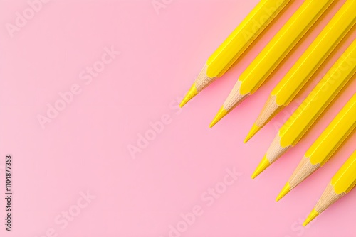 Back-to-school concept, A vibrant arrangement of yellow-colored pencils aligned on a soft pink background, creating a cheerful and artistic vibe.