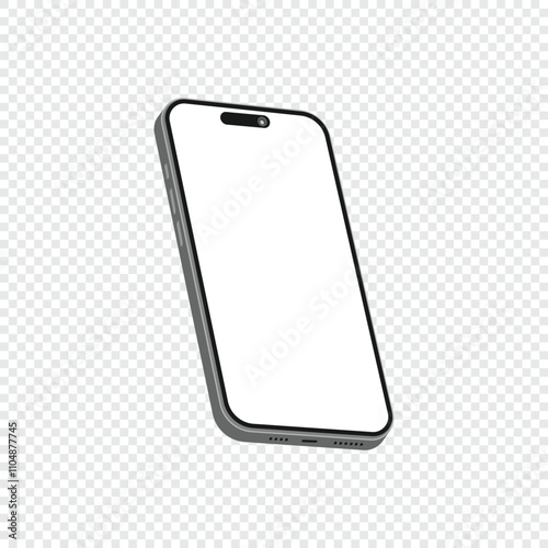 Isometric style photo of silver smartphone without background.