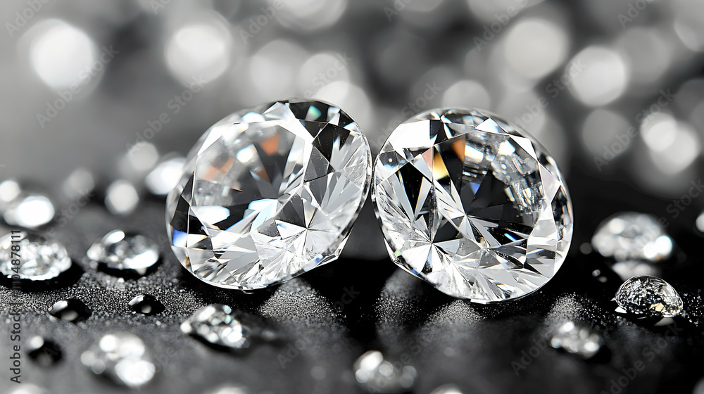 Brilliant Diamonds Resting on Dark Surface with Water Droplets, Sparkling Background Brilliant Diamonds Resting on Dark Surface with Water Droplets, Sparkling Background
