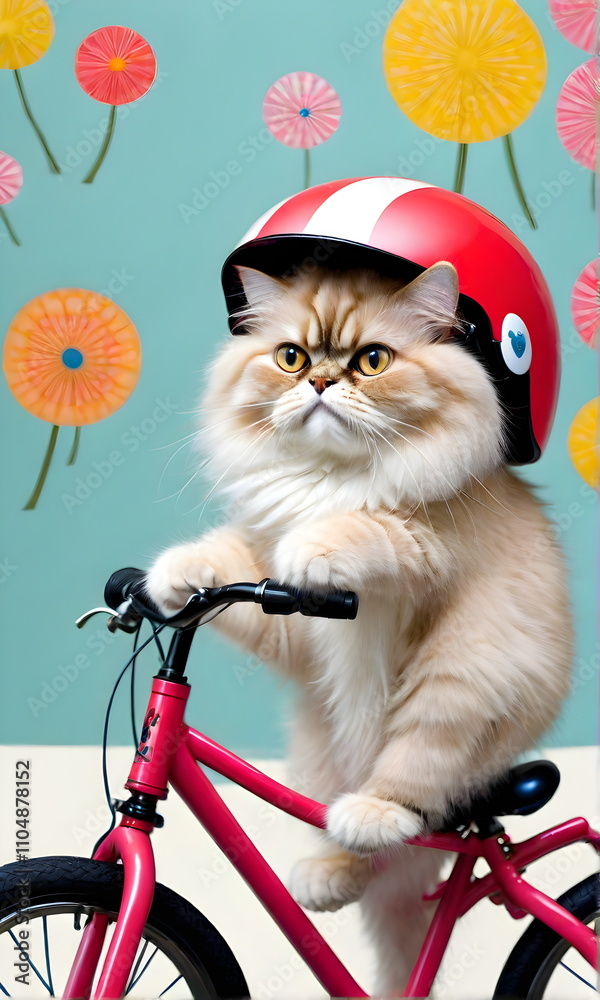 A Persian cat rides a bicycle wearing a helmet along the street. Vertical image.