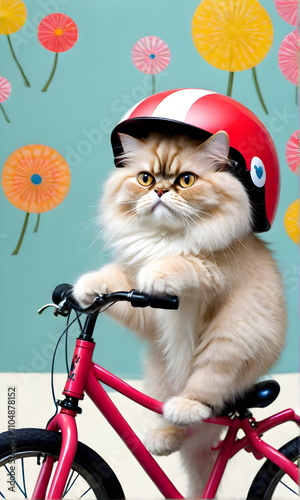 Obraz na płótnie A Persian cat rides a bicycle wearing a helmet along the street. Vertical image. w salonie