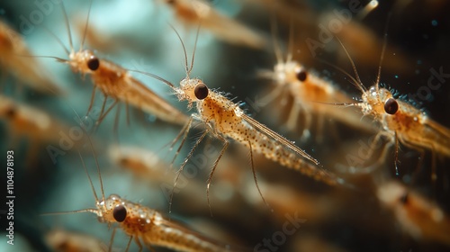Close-up of tiny shrimp-like creatures in a vibrant underwater environment.