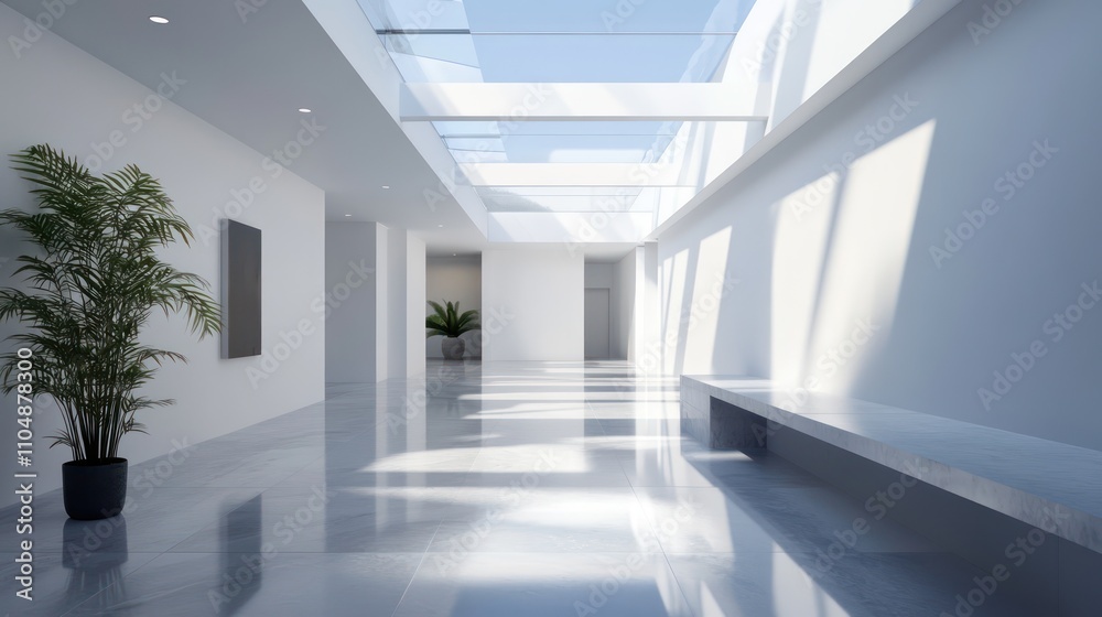 Obraz premium Modern Minimalist White Hallway with Skylight and Plants
