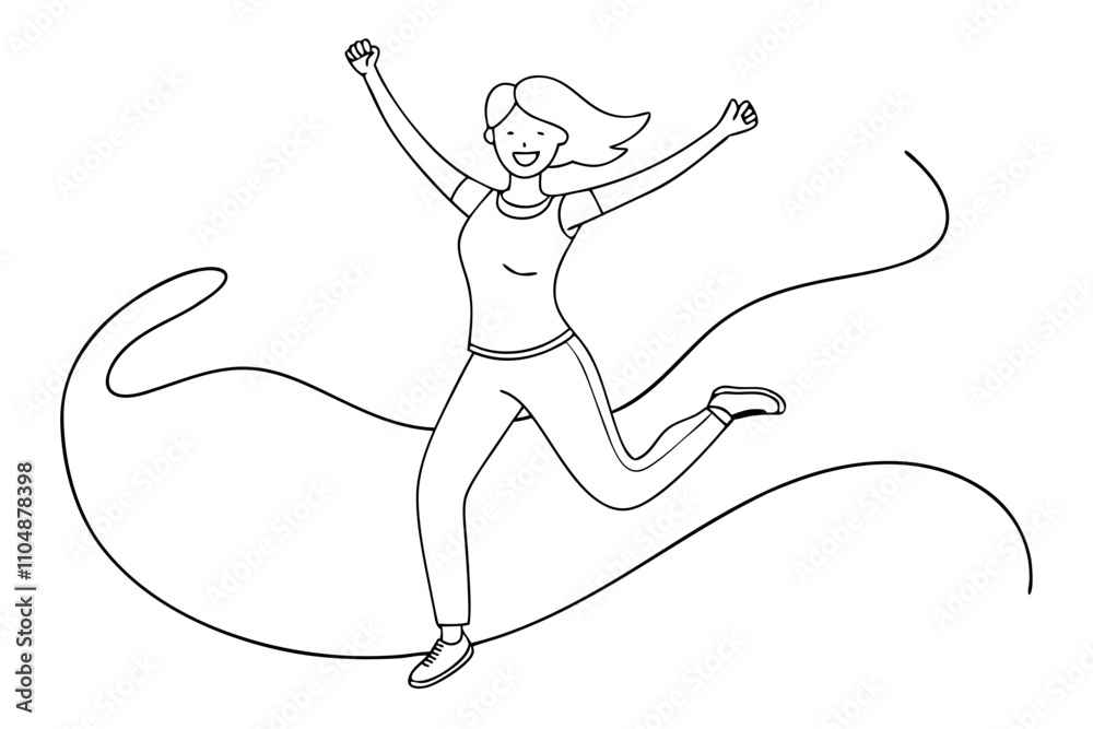 Line Drawing of Joyful Woman Jumping in the Air