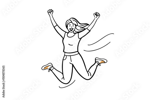Line Drawing of Joyful Woman Jumping in the Air
