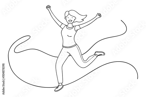 Line Drawing of Joyful Woman Jumping in the Air