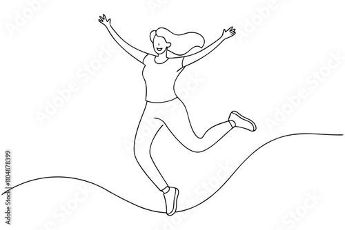Line Drawing of Joyful Woman Jumping in the Air