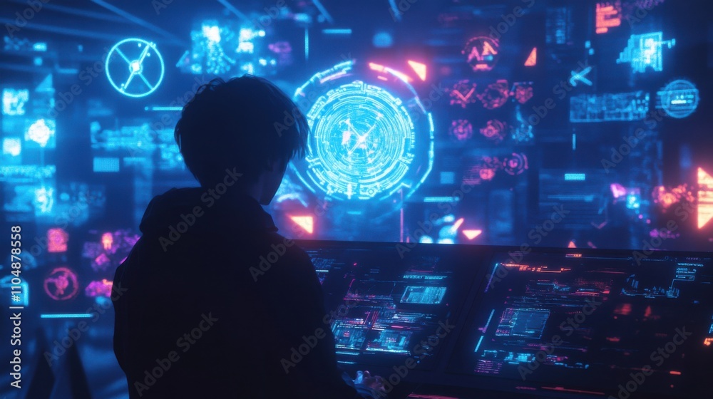 Futuristic Cybersecurity Analyst in High-Tech Control Room Futuristic Cybersecurity Analyst in High-Tech Control Room