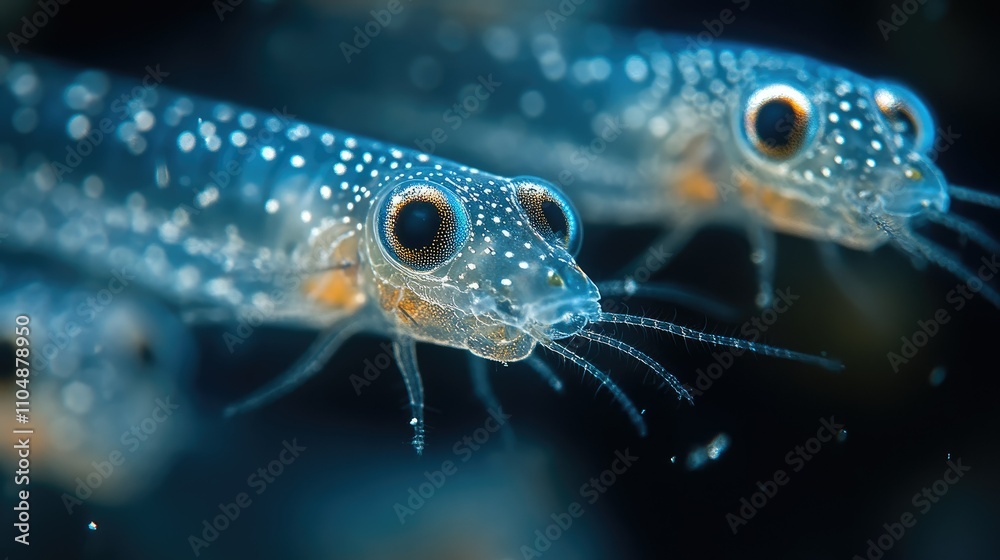 Close-up of translucent fish with large eyes in a dark underwater setting. Close-up of translucent fish with large eyes in a dark underwater setting.
