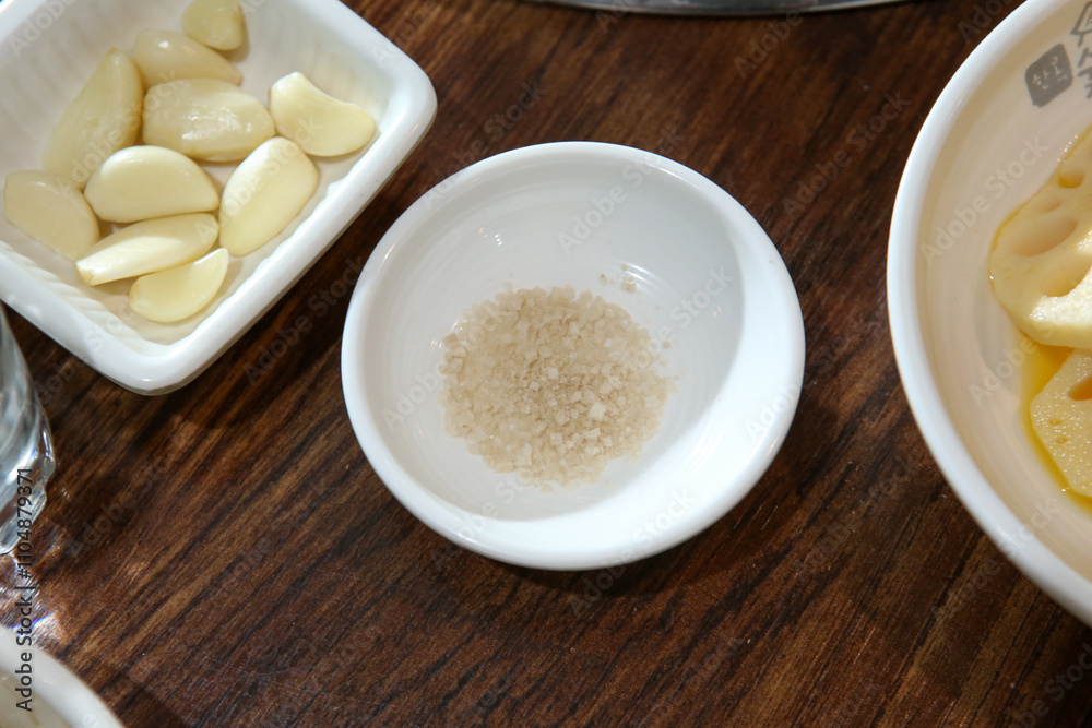 salt on a plate. Korean BBQ salt salt on a plate. Korean BBQ salt