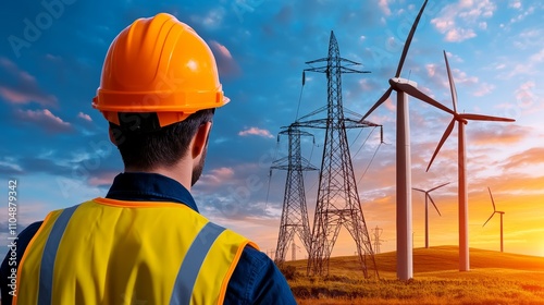 Worker Overseeing Power Lines and Wind Turbines