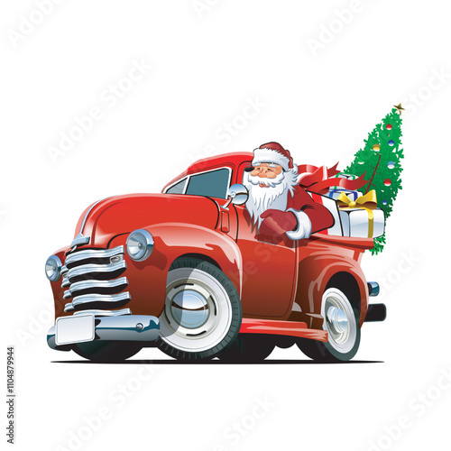 A sophisticated Santa Claus pulls a pickup truck loaded with presents