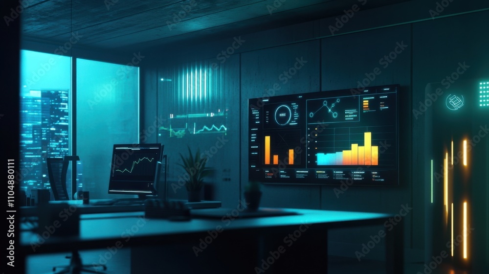 Modern Office with Digital Screens and Data Analysis Visualization Modern Office with Digital Screens and Data Analysis Visualization