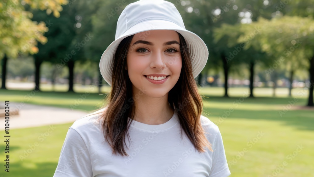 Young woman wearing white t-shirt and white bucket hat standing in the park Young woman wearing white t-shirt and white bucket hat standing in the park