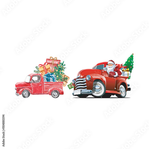 A sophisticated Santa Claus pulls pickup truck loaded with presents. Vector