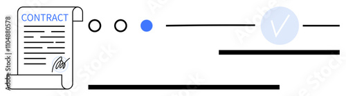 Contract document with signature, progress dots, blue dot, check mark in circle, and abstract lines. Ideal for legal, business agreements, documentation, workflow approval process project
