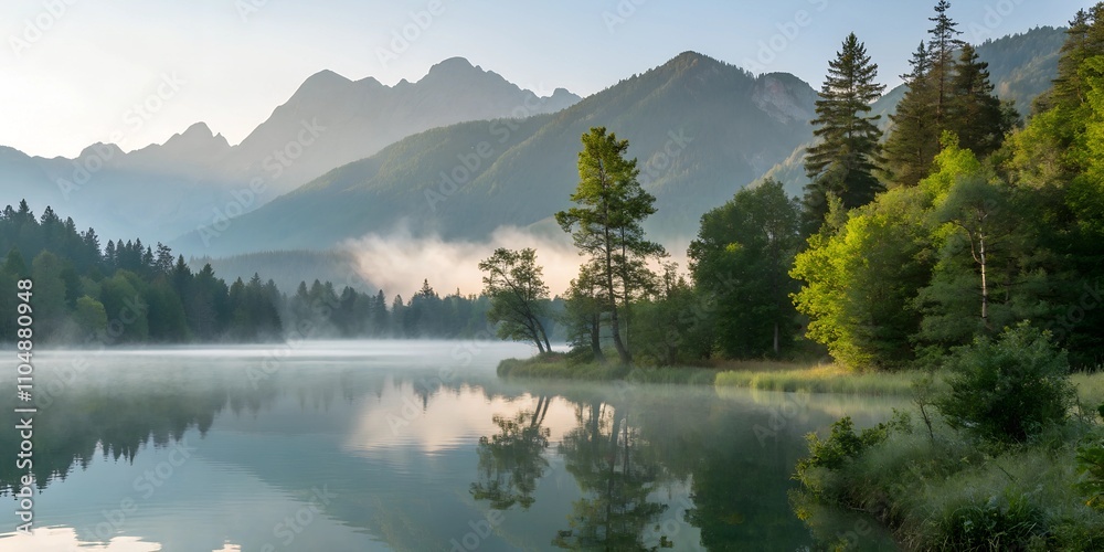 Naklejka premium Misty Mountain Lake at Sunrise