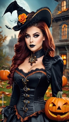 Steampunk girl celebrates Halloween with a smiling pumpkin. 