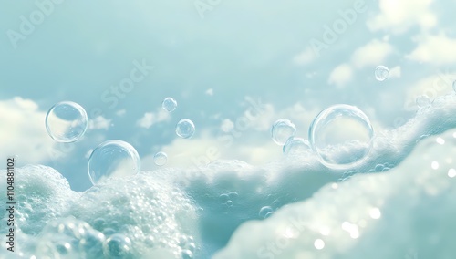 Serene Bubbles Floating on a Sea of Foam Under a Light Blue Sky: A Refreshing Visual of Purity and Cleanliness photo