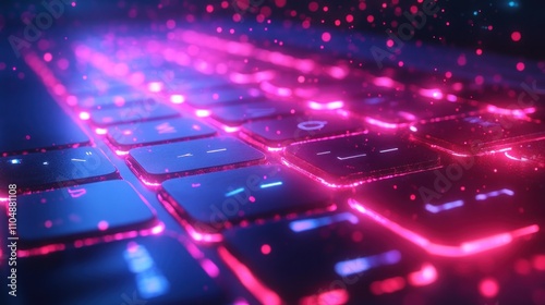 Closeup of a glowing laptop keyboard with blue and pink lights.