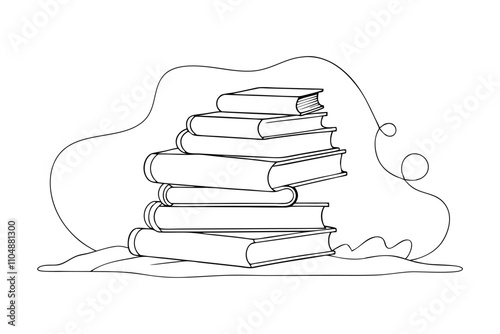 Line Drawing of Large Stack of Books | Vector Line Art Illustration