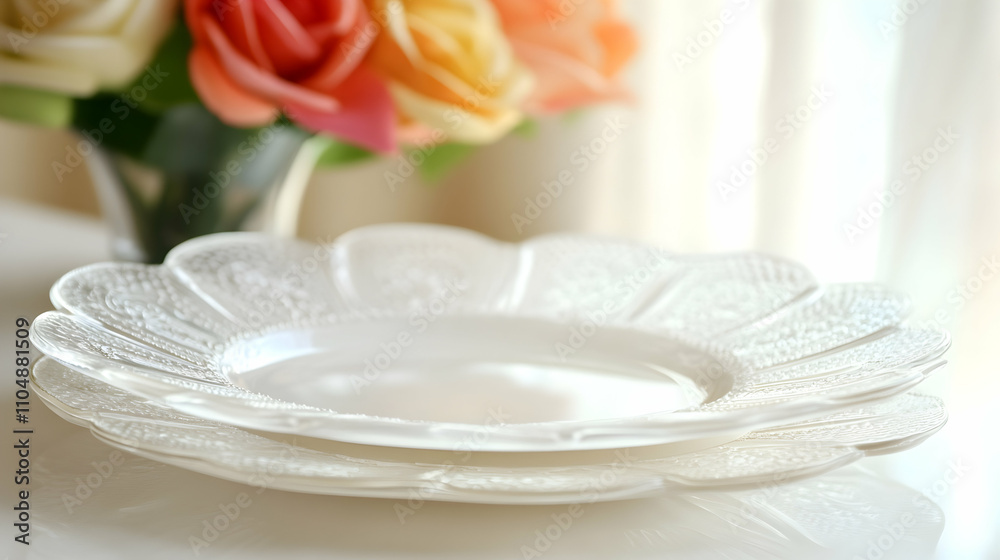 Elegant White Glass Plates with Intricate Floral Design, Stacked on Table near Blurred Flower Bouquet Elegant White Glass Plates with Intricate Floral Design, Stacked on Table near Blurred Flower Bouquet